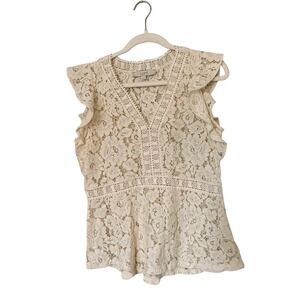 LOFT Ivory Lace Flutter Sleeve Peplum Top Women's Size 4 Coquette Feminine
